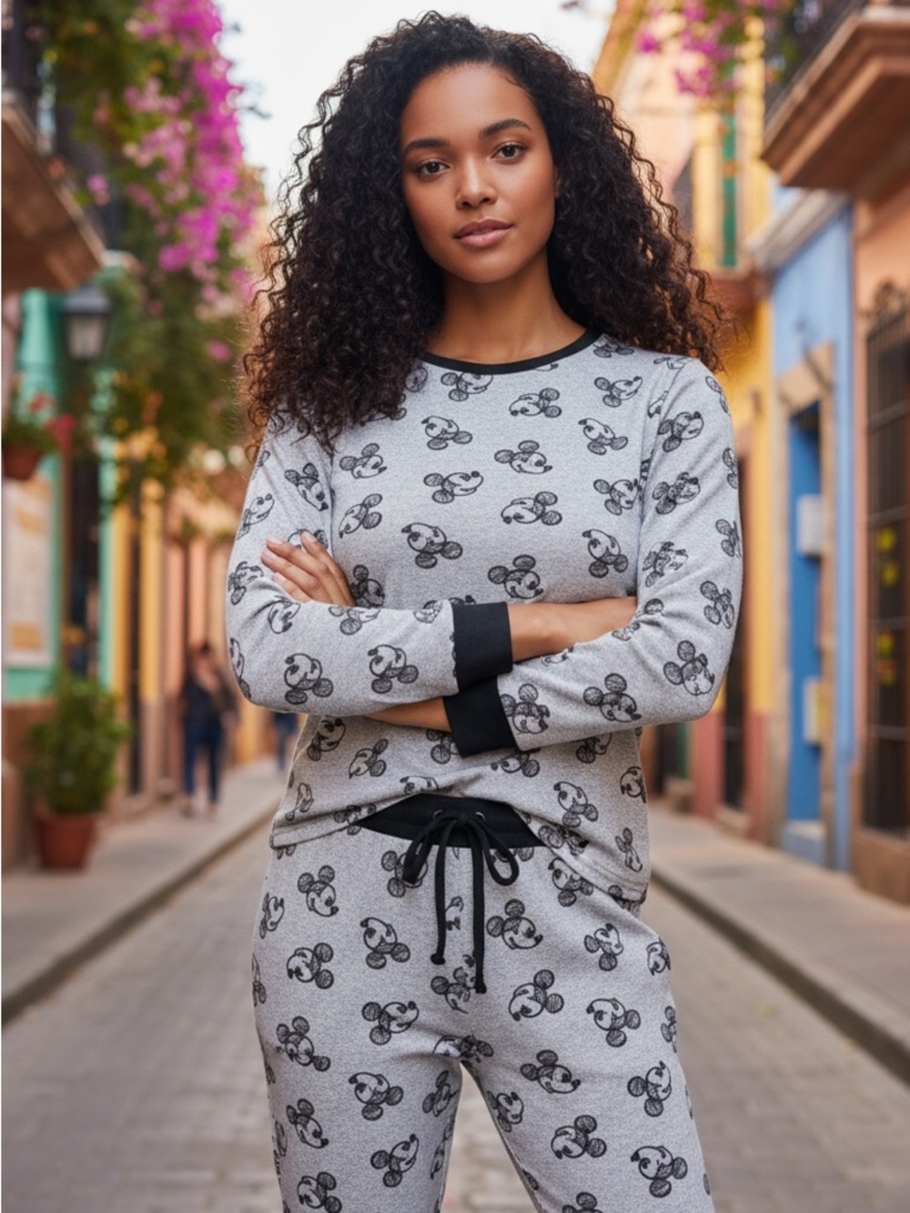 Light blue/Gray Mickey Mouse Print Women's Pajama Set - Long Sleeve Top & Jogger